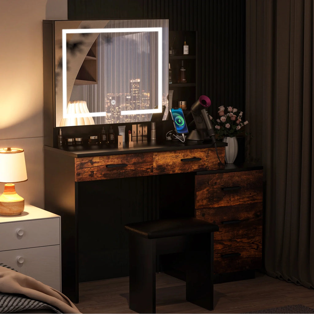 White Makeup Vanity Desk Set with Sliding Mirror and Lights Q3691