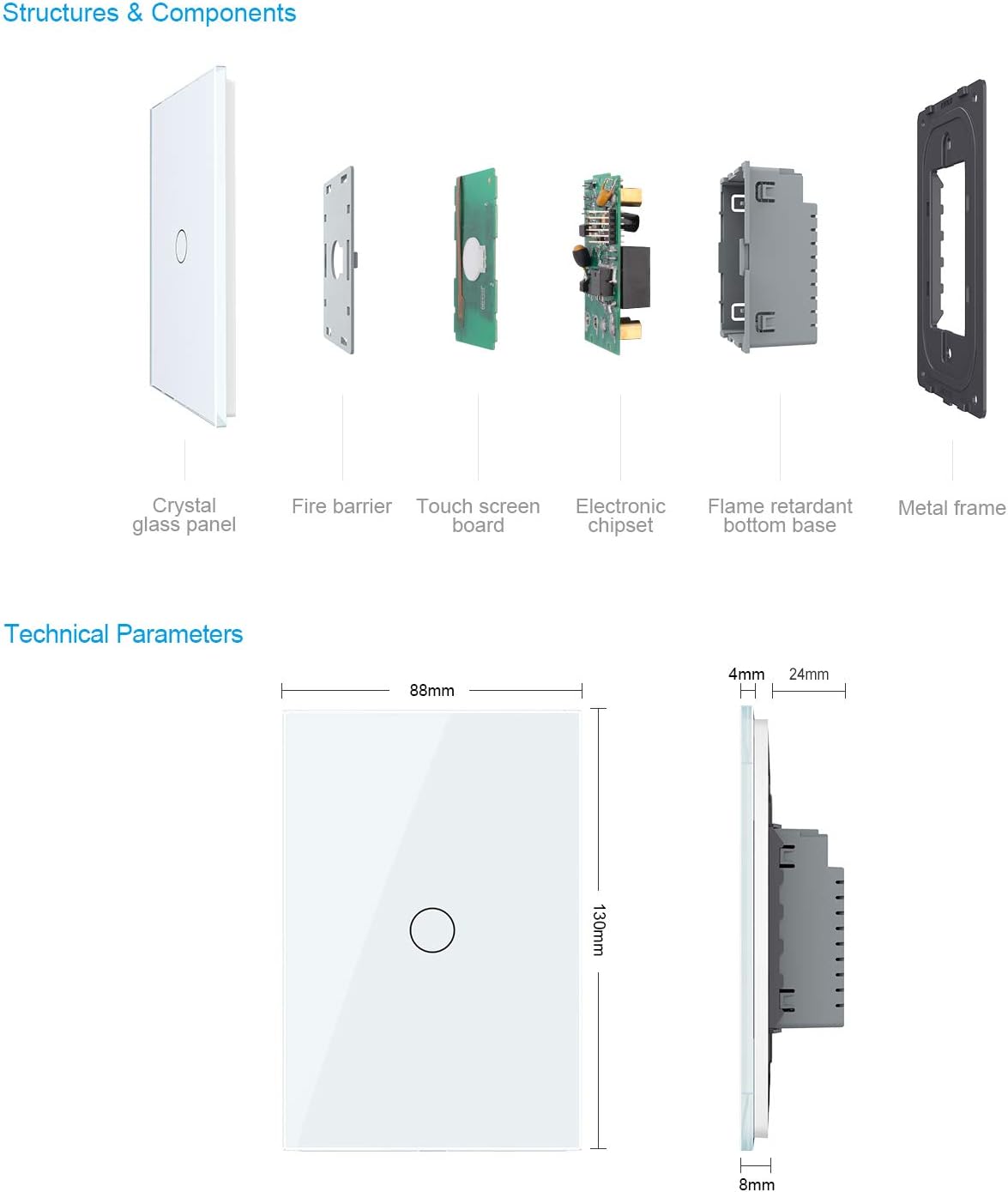 White 1 Gang 1 Way Tempered Glass Touch Light Switch, 2 Pack S5220