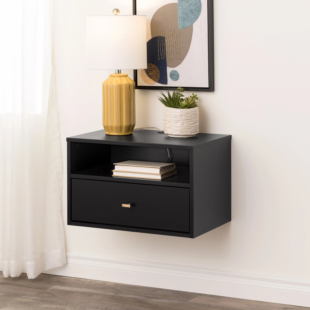 Black Floating Nightstand With Open Shelf P140165