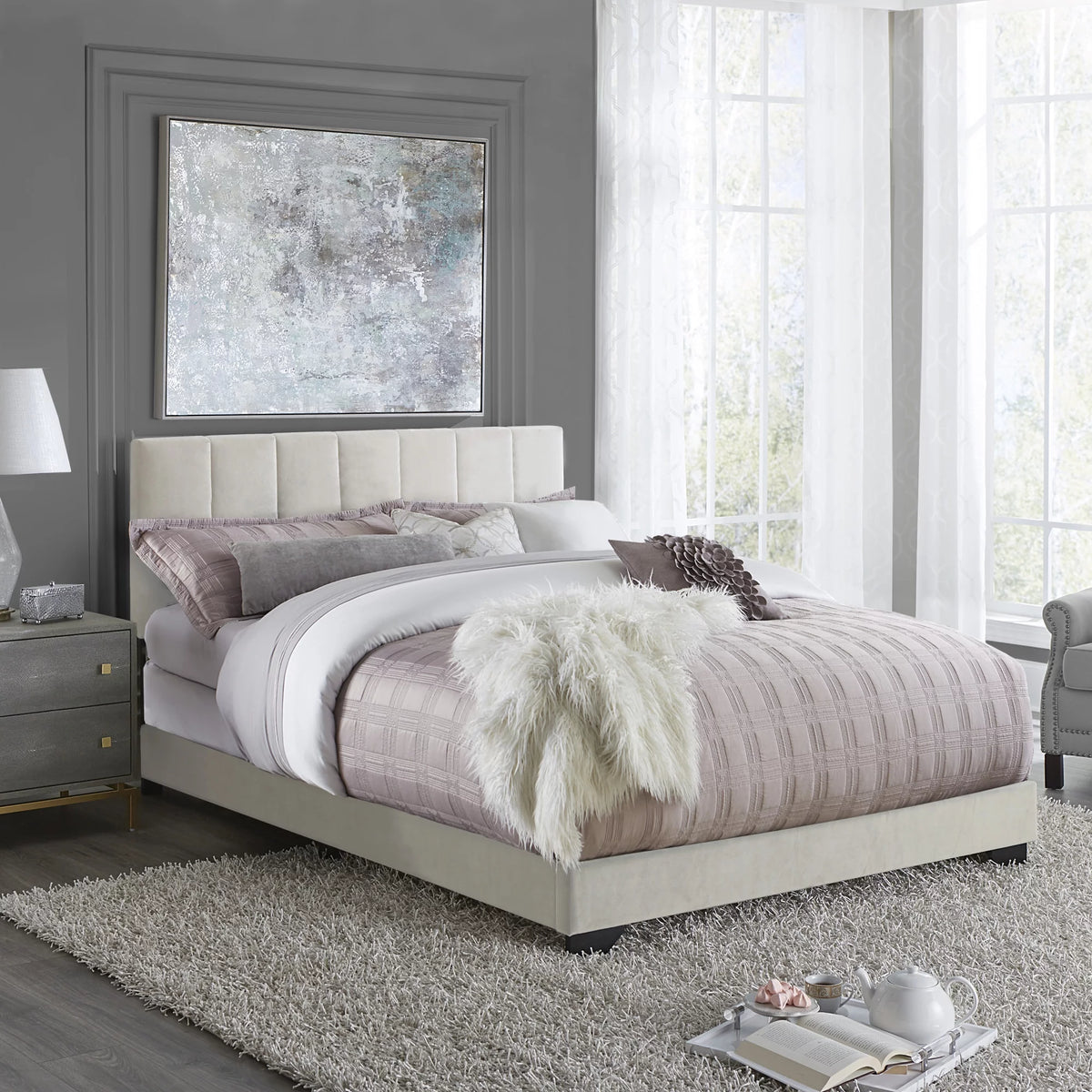 Ivory Channel Stitched Upholstered Queen Bed C7243