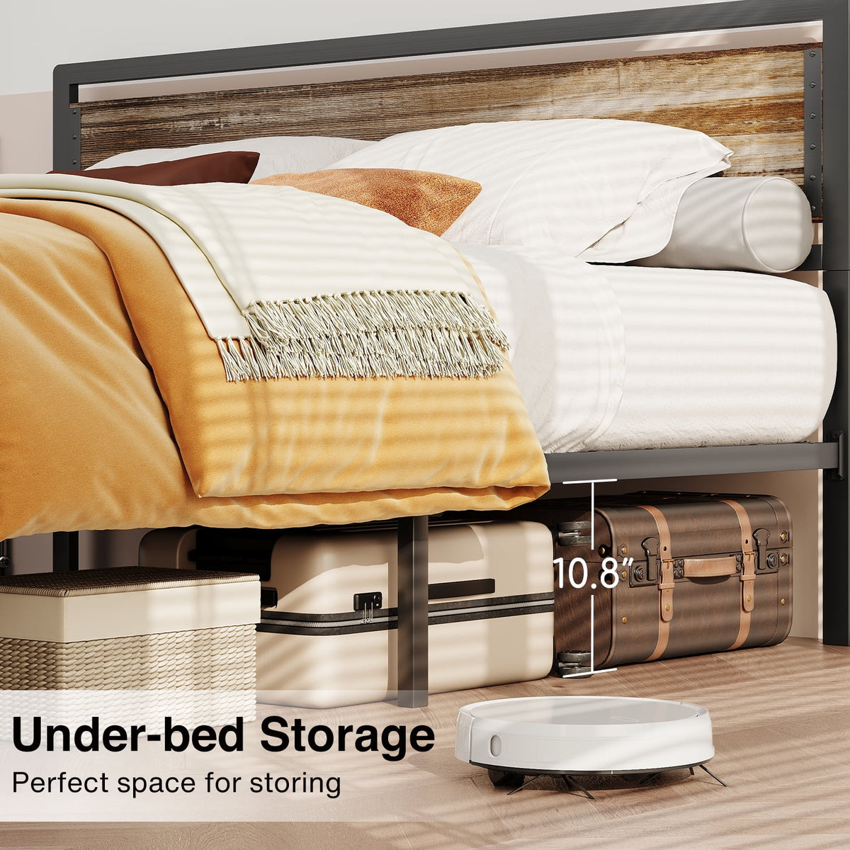Full Size Bed Frame with Headboard, Under-Bed Storage, Gray E199