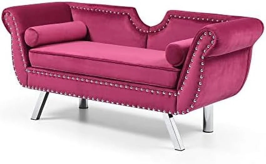 Velvet Ottoman Bench with Back and Silver Metal Legs S411006