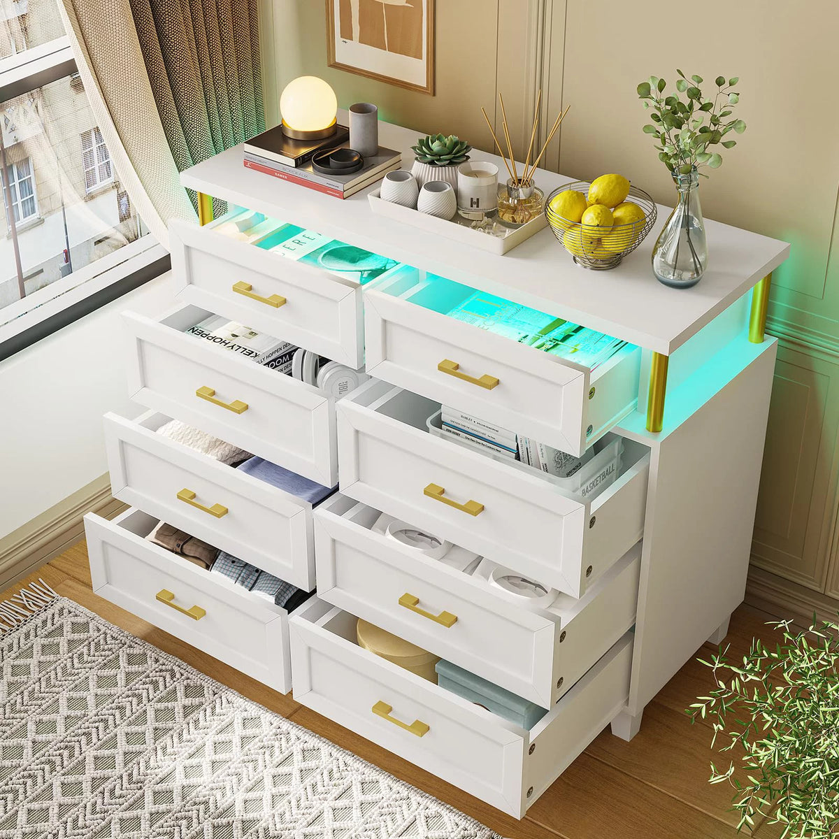 White 8 Drawer Dresser with LED Light A7294