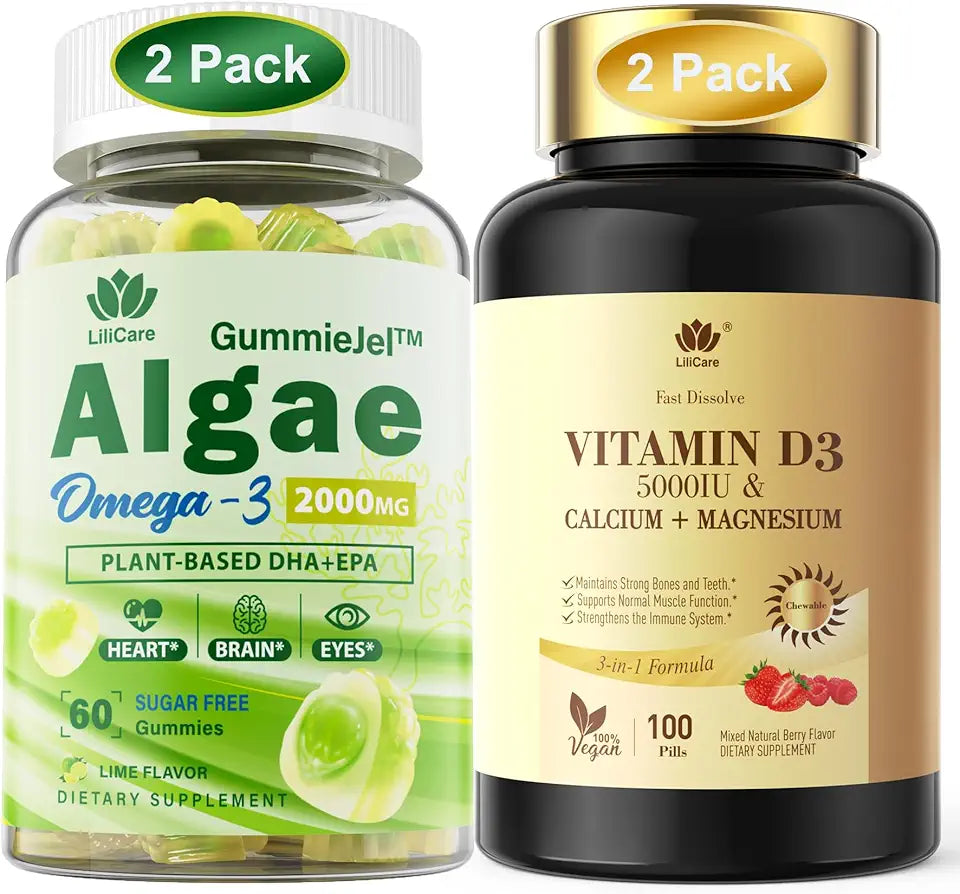Algae Omega 3 Gummies & Fast Dissolve Vitamin D3 5000IU with Calcium & Magnesium J93988