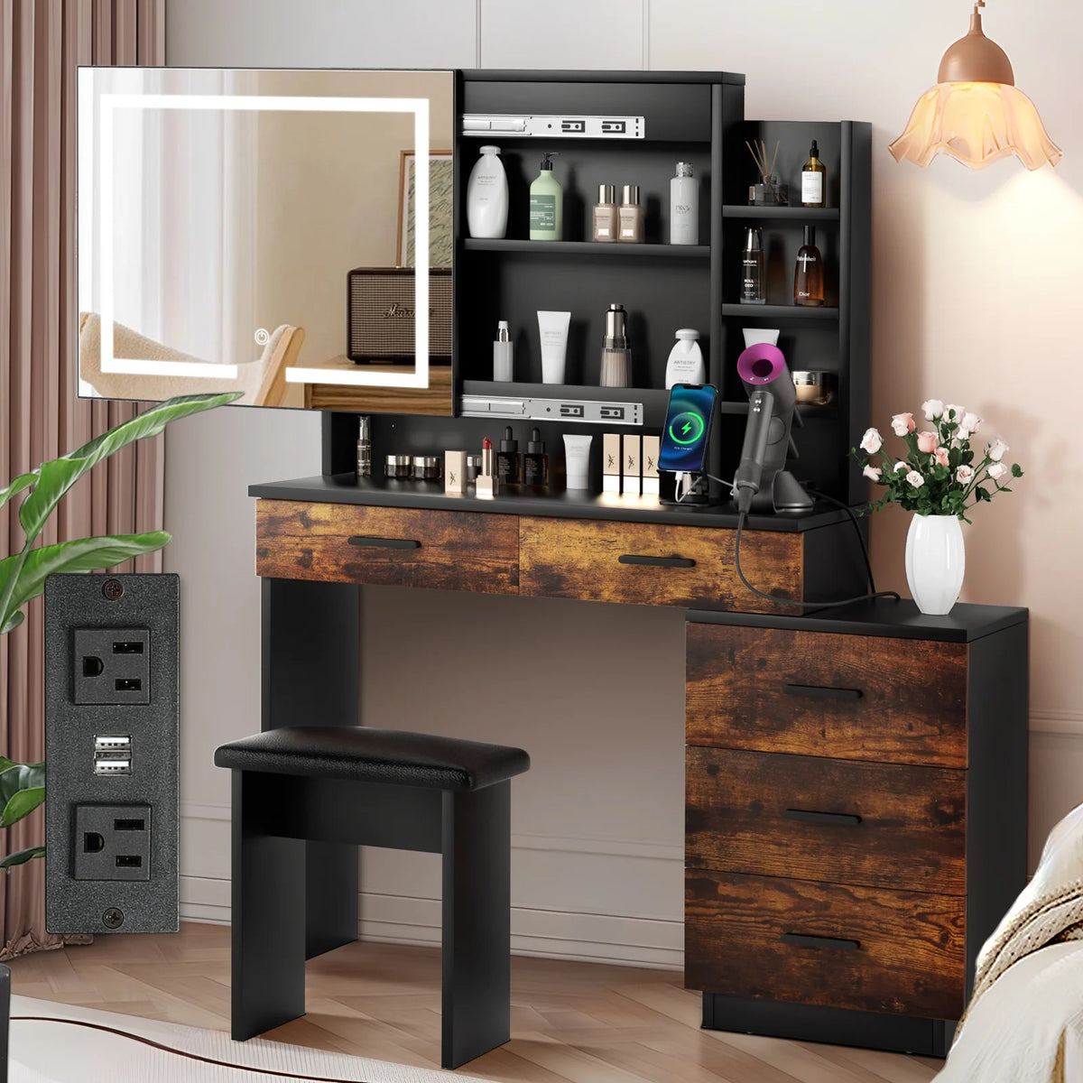 White Makeup Vanity Desk Set with Sliding Mirror and Lights Q3691