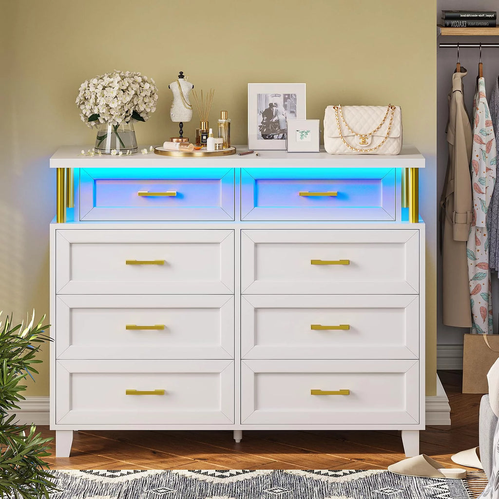 White 8 Drawer Dresser with LED Light A7294