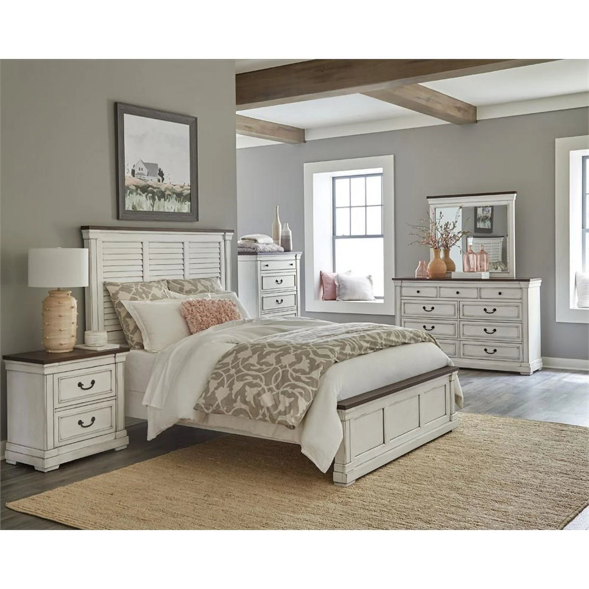 Wood Farmhouse Eastern King Panel Bed White Finish I8393