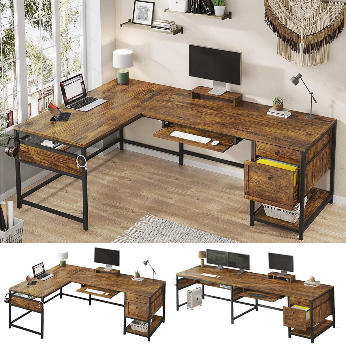 69" L Shaped Computer Desk with LED Lights and File Drawers Q680