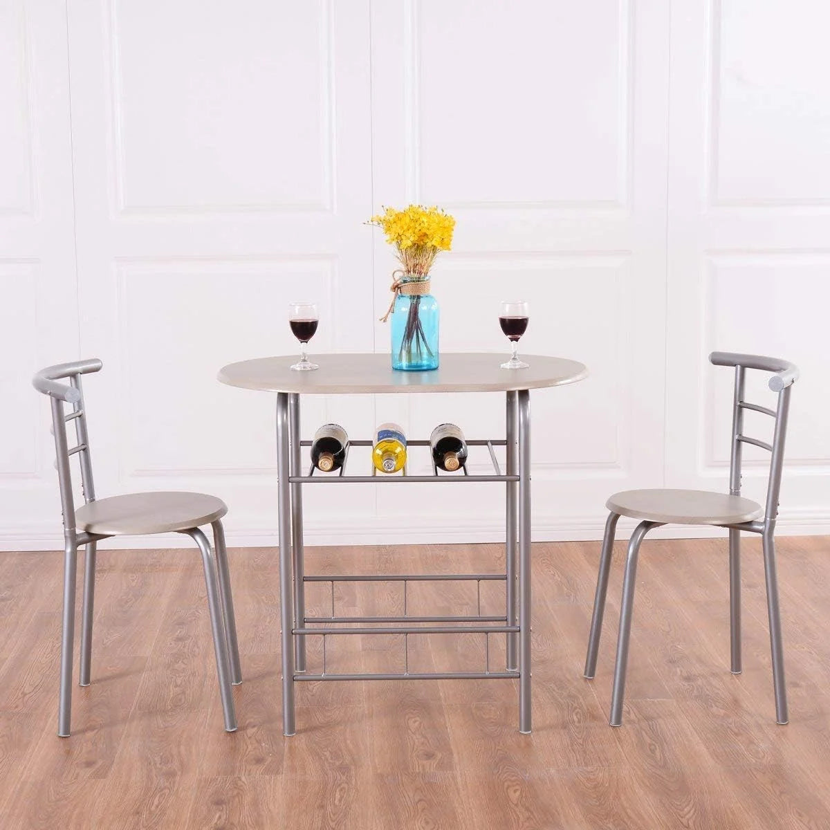 3 Piece Dining Table & Chair Set with Wine Rack Storage Shelf P9625