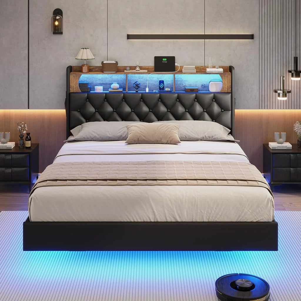 Queen Size Upholstered Platform Bed with LED Light Charging Station Storage Headboard Linen Fabric Dark Grey C6031