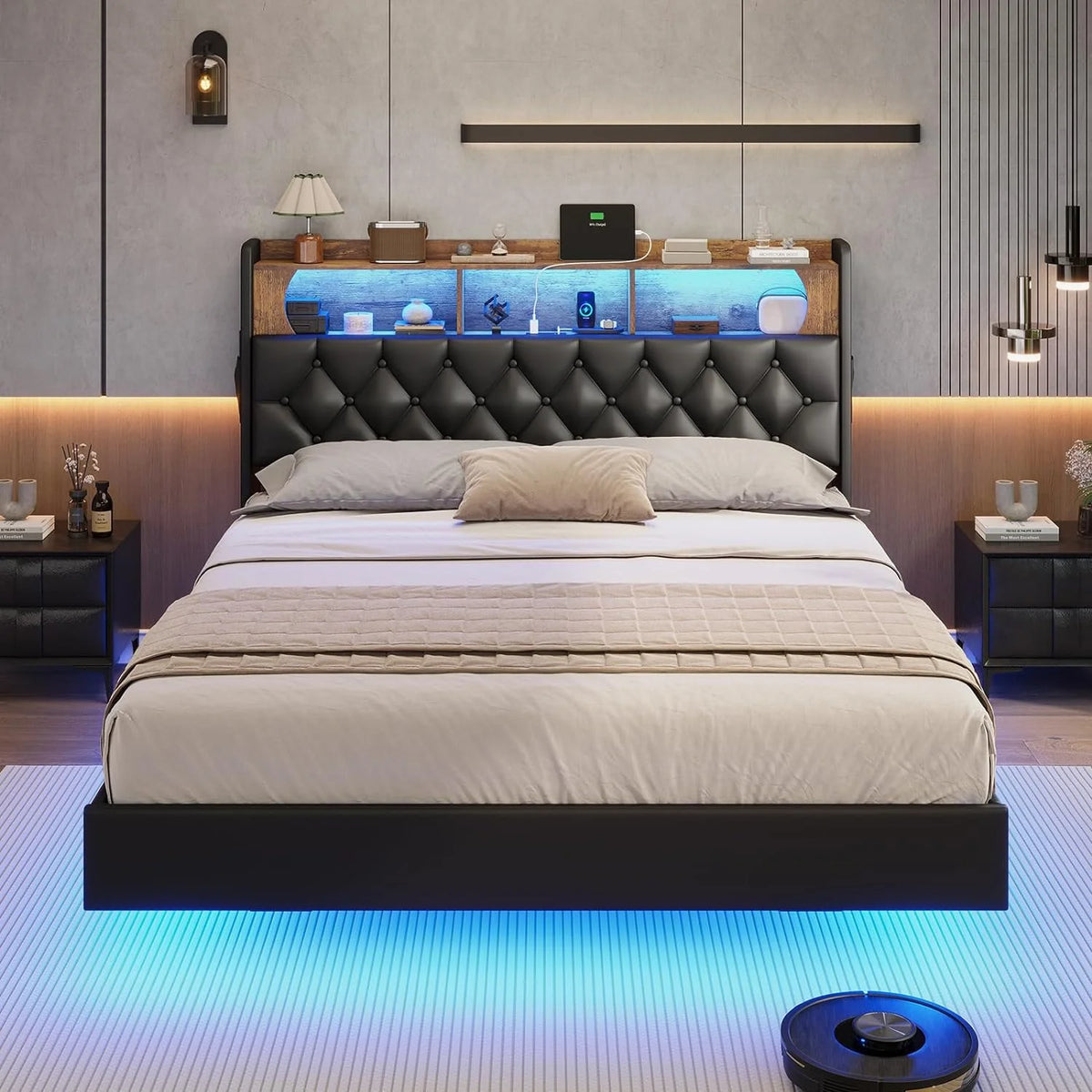 Queen Size Upholstered Platform Bed with LED Light Charging Station Storage Headboard Linen Fabric Dark Grey C6031