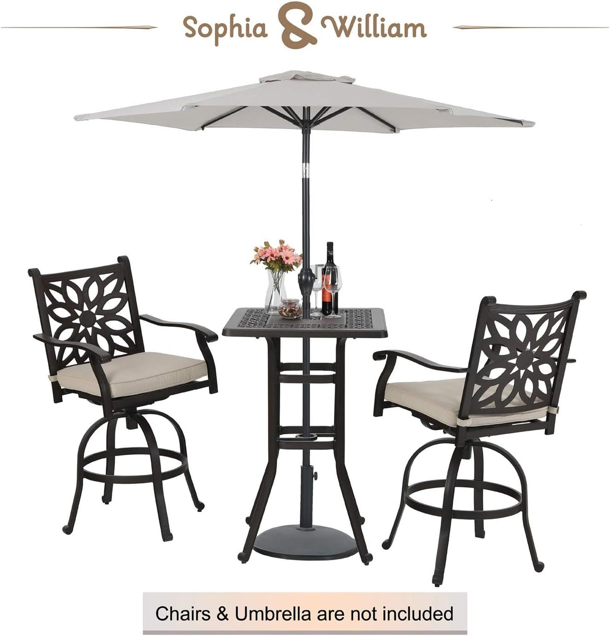 3 Pieces Cast Aluminum Bar Set with 2 Swivel Bar Height Chairs and 1 Square Table H933