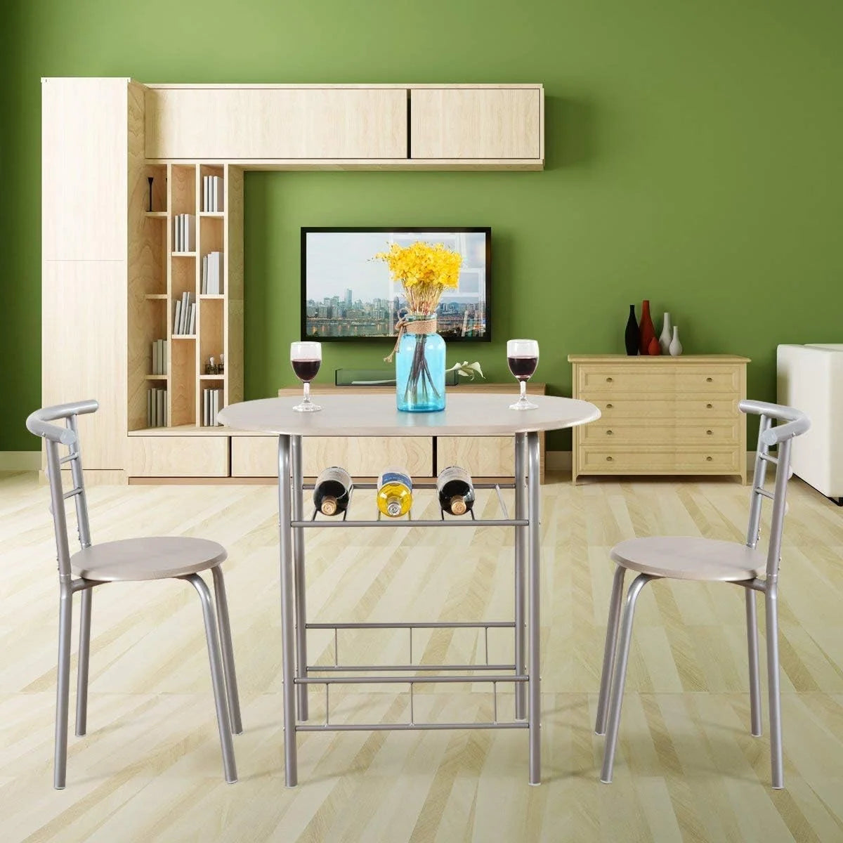 3 Piece Dining Table & Chair Set with Wine Rack Storage Shelf P9625