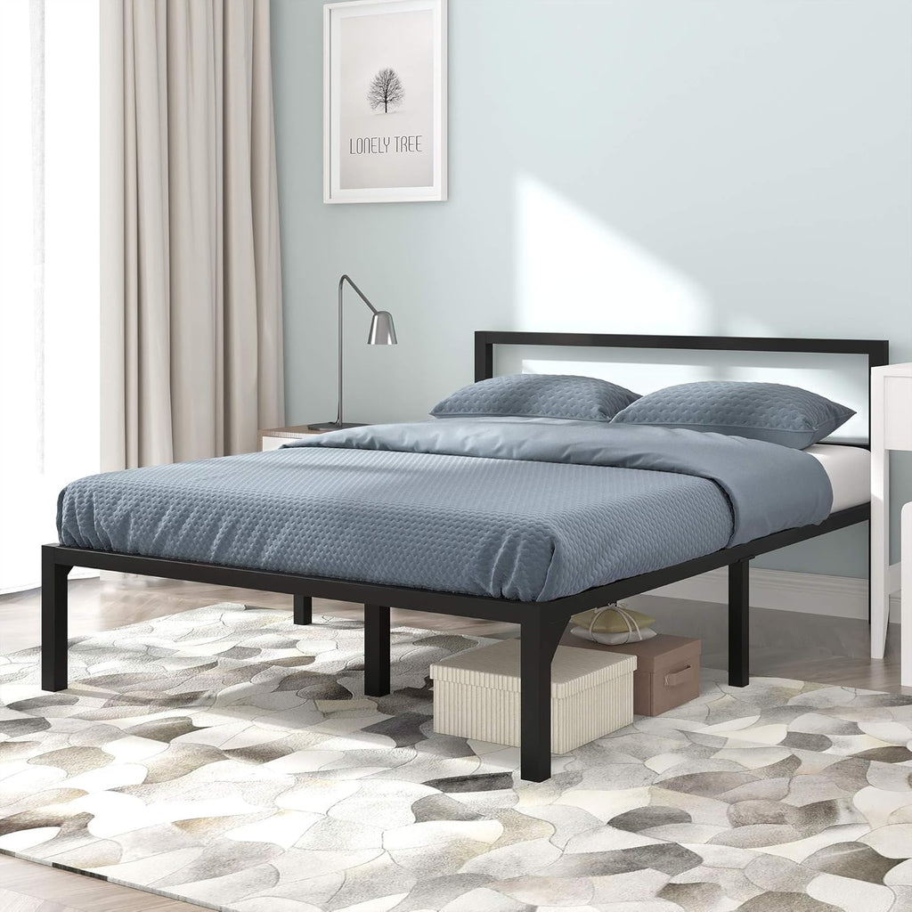 Full Size Black Metal Platform Bed Frame with Headboard E63664