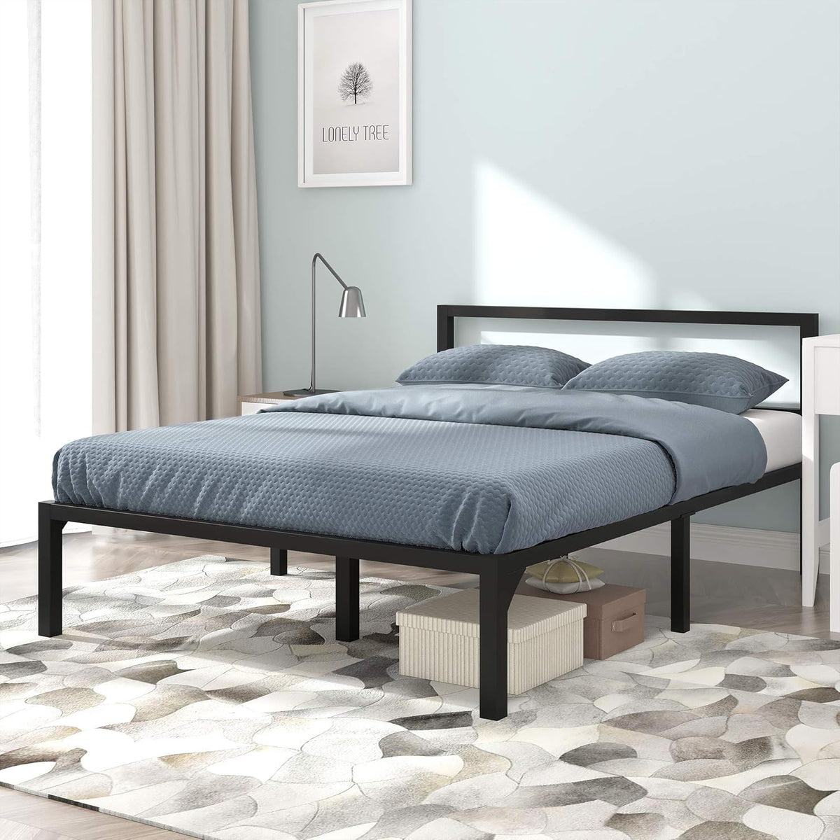 Full Size Black Metal Platform Bed Frame with Headboard E63664
