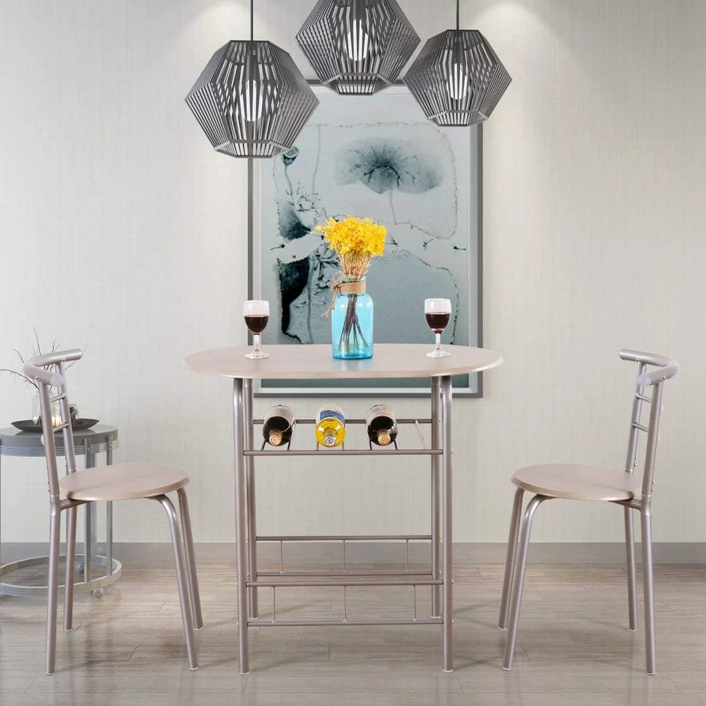 3 Piece Dining Table & Chair Set with Wine Rack Storage Shelf P9625