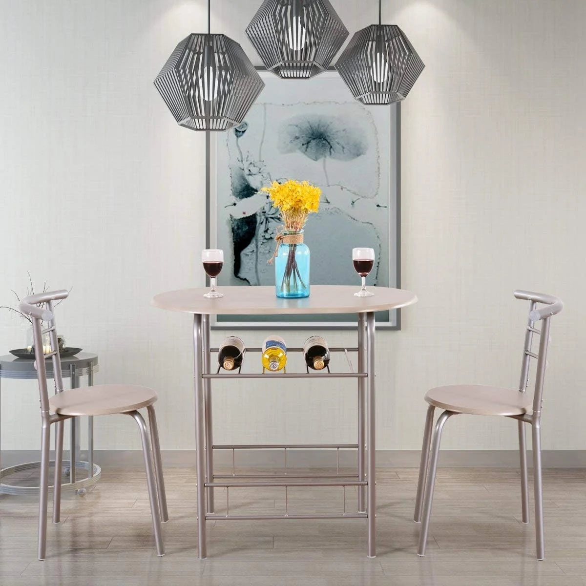 3 Piece Dining Table & Chair Set with Wine Rack Storage Shelf P9625