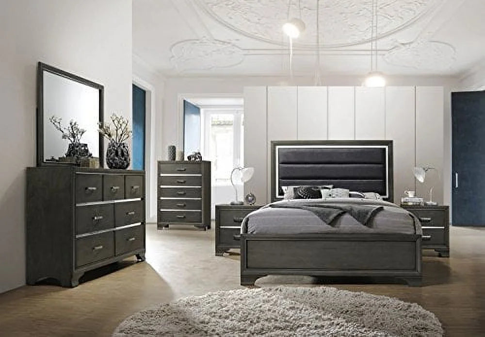 Gray Wood Queen Bedroom Set with Faux Leather Headboard R60501