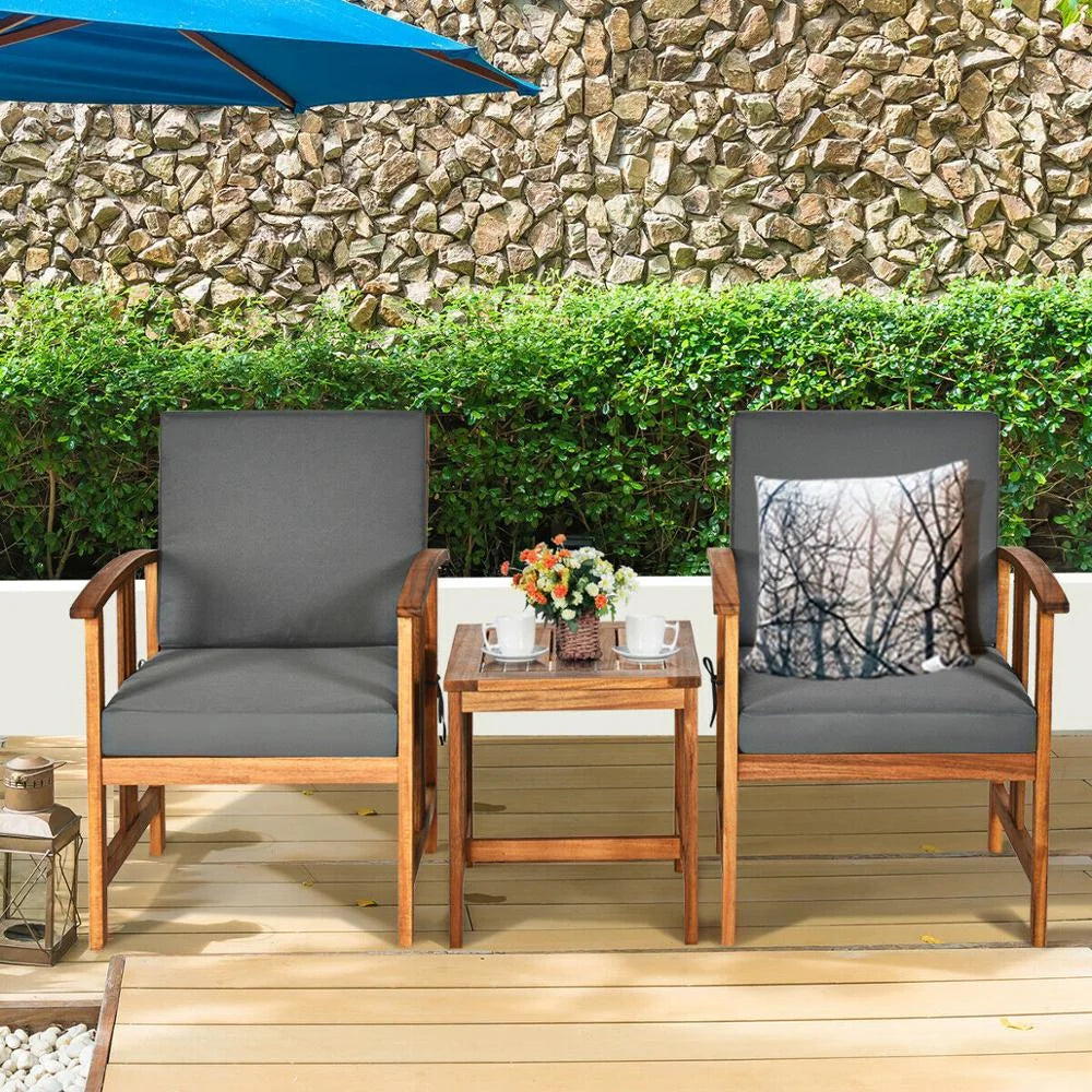 Grey 3PCS Solid Wood Cushioned Outdoor Sofa Set L6812