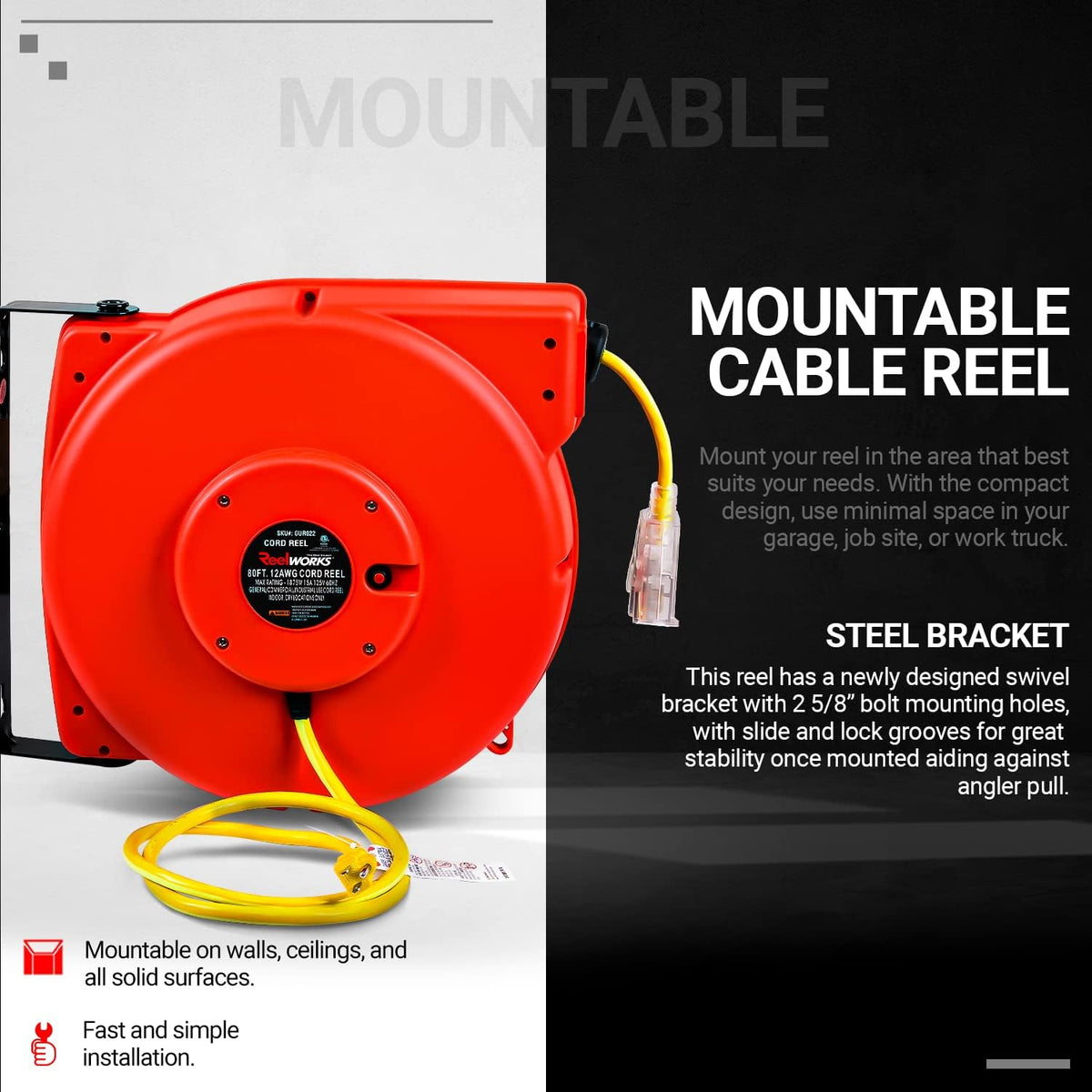 12awg x 80' Retractable Extension Cord Reel O2855