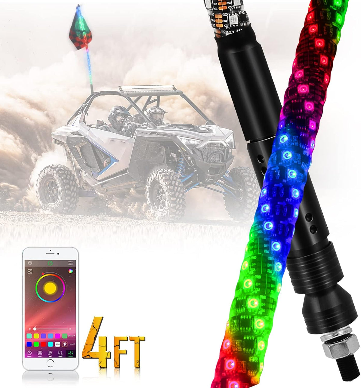 3ft RGB LED Lighted Whips 1 Pc D509