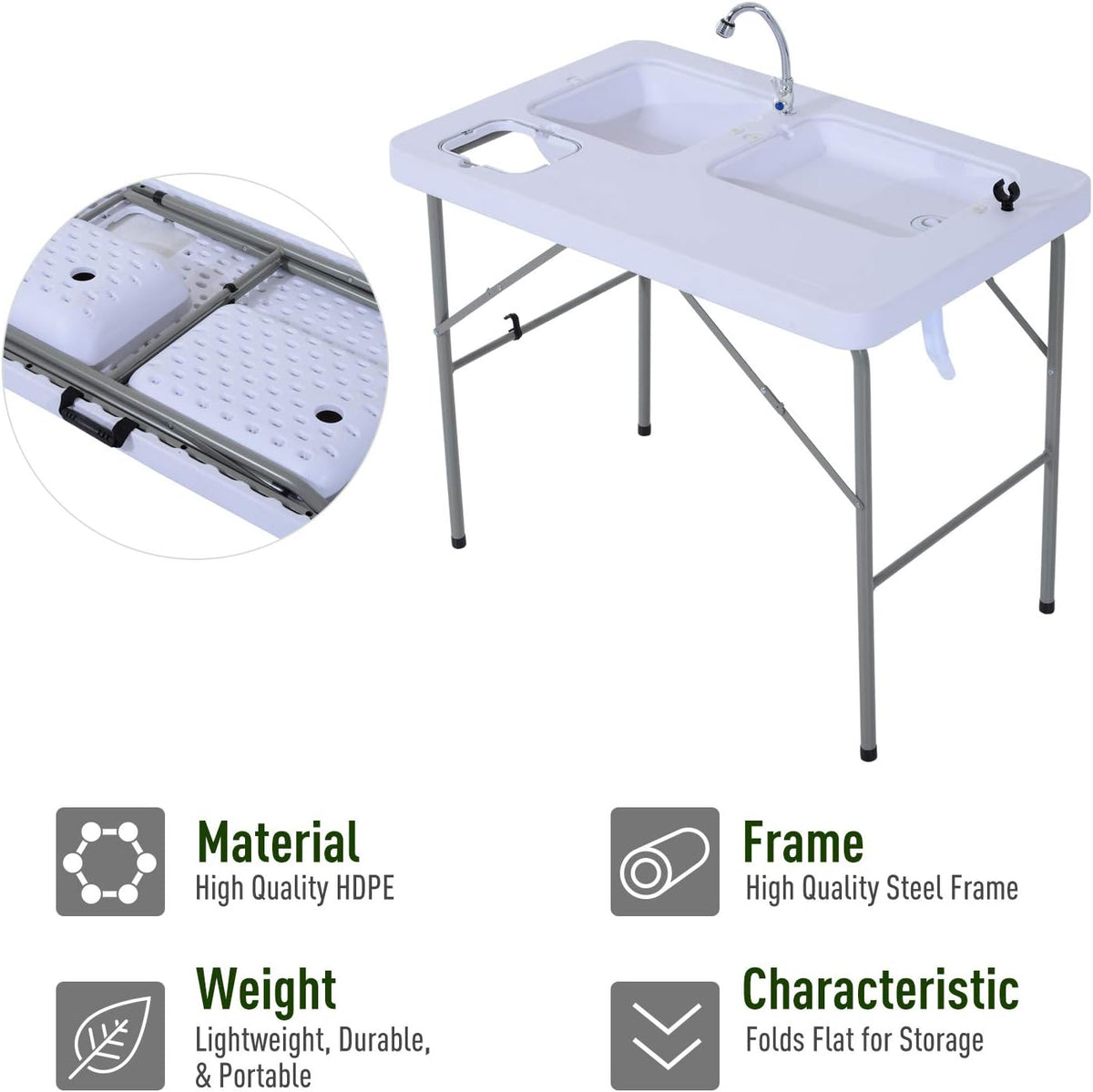 Portable Folding Camping Sink Table with Faucet and Dual Water Basins Y33853