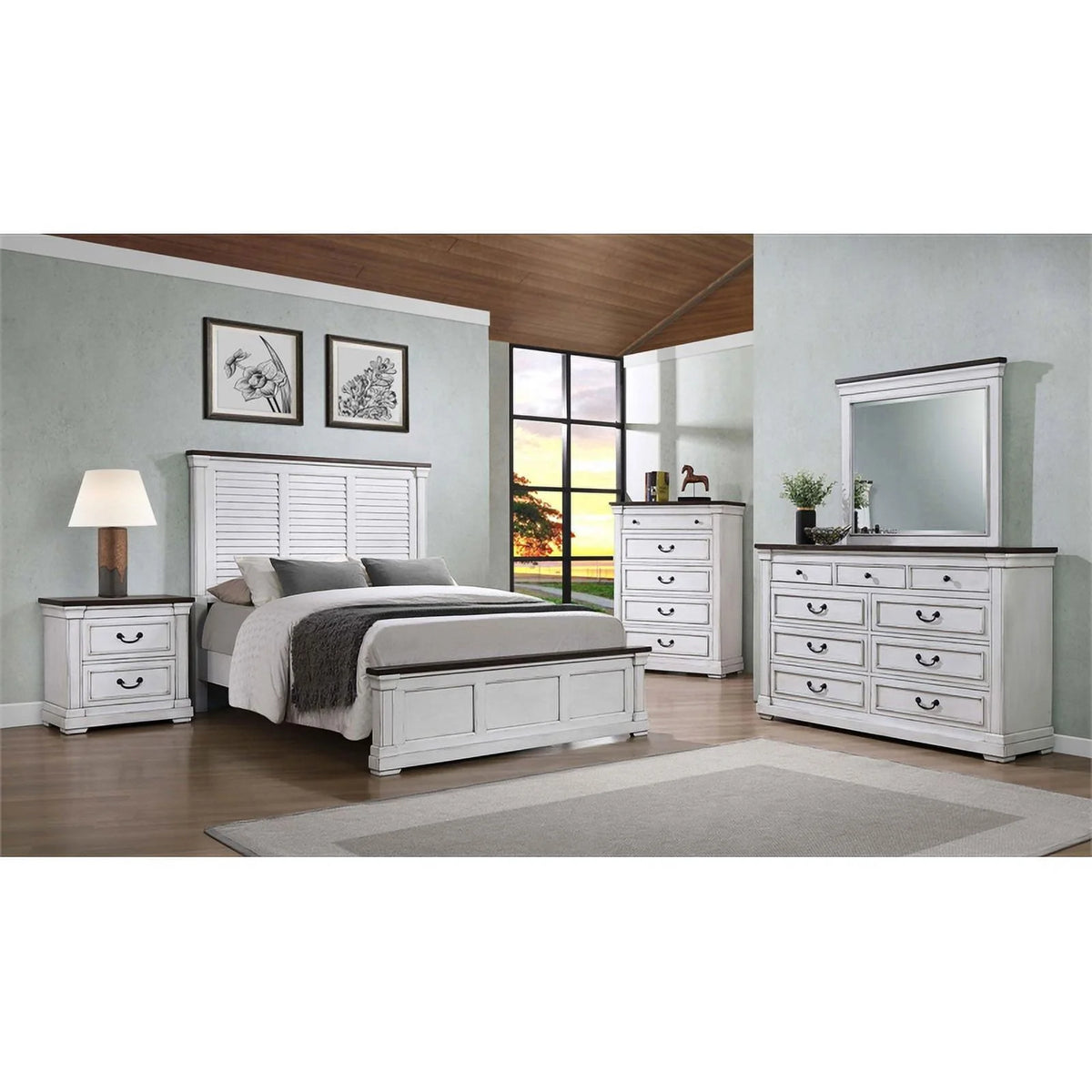 Wood Farmhouse Eastern King Panel Bed White Finish I8393