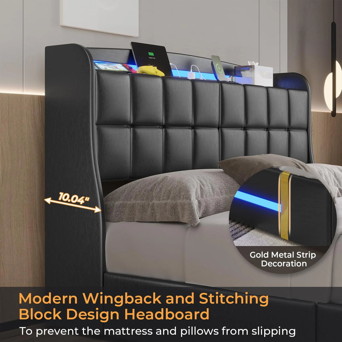Queen Bed Frame with LED Lights and Charging Station, Upholstered Platform Bed Frame with Hidden Storage and 4 Drawers, Black T81312