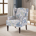 Blue Floral Pattern Fabric Wingback Accent Chair with Wooden Legs L997503