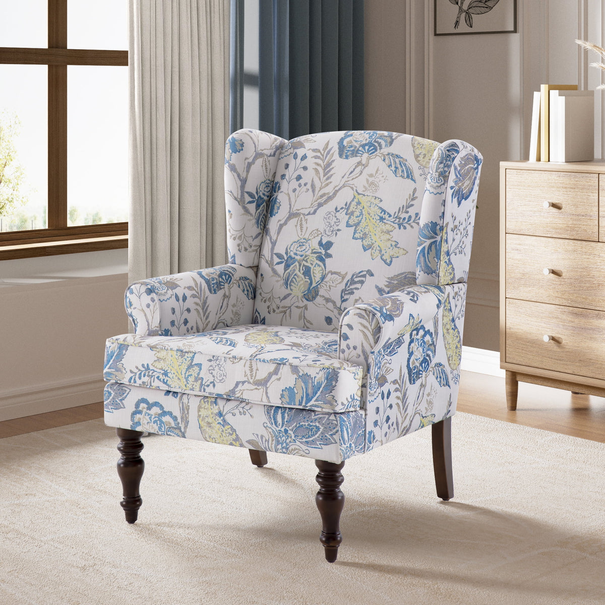 Blue Floral Pattern Fabric Wingback Accent Chair with Wooden Legs L997503
