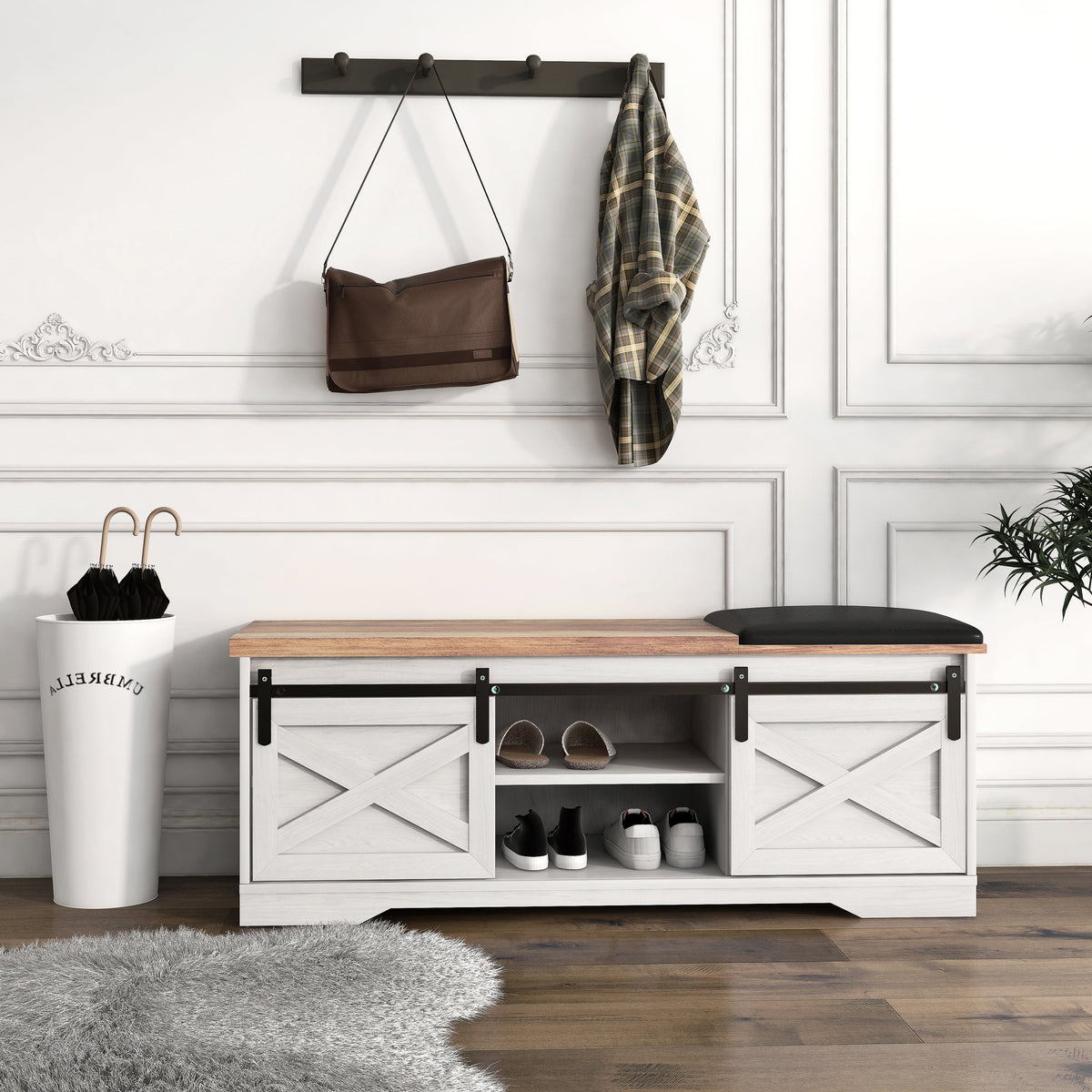 White 47-inch Shoe Storage Bench with Sliding Barn Door L9998