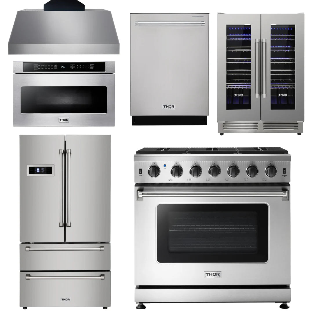 36 Gas Range, Range Hood, Microwave, Refrigerator, Dishwasher, Wine Cooler Z969611