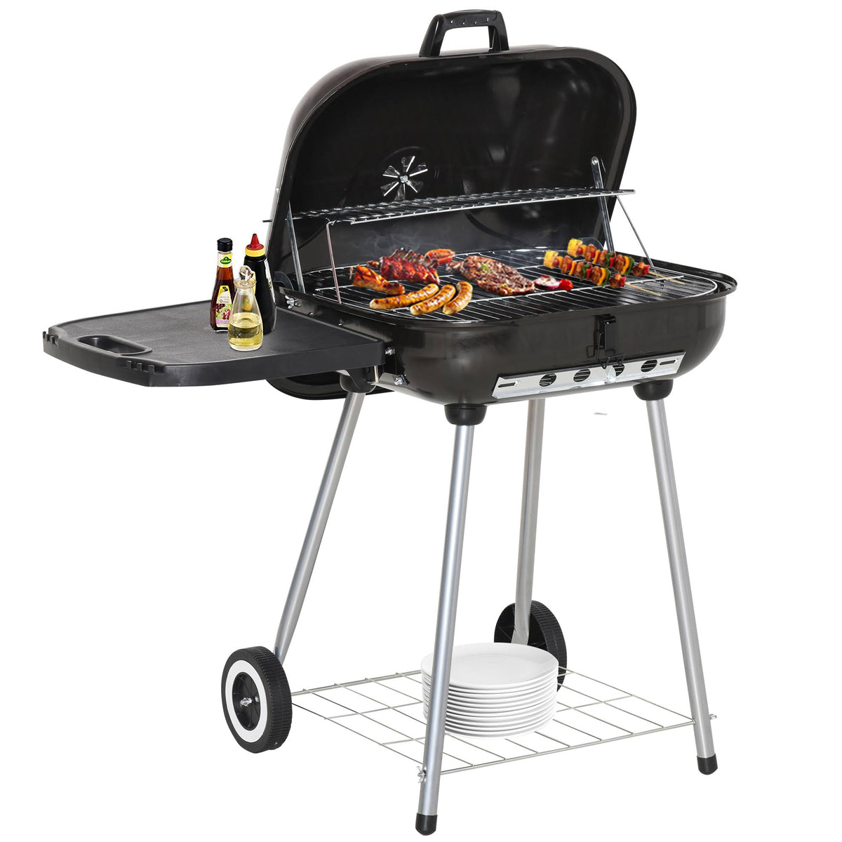 Portable Steel Charcoal Barbecue Grill with Shelf and Tray L27035