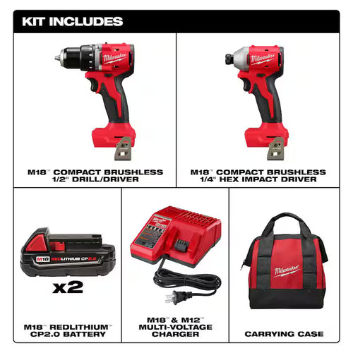 18V Lithium-Ion Brushless Cordless Compact Drill/Impact Combo Kit 2-Tool E989820