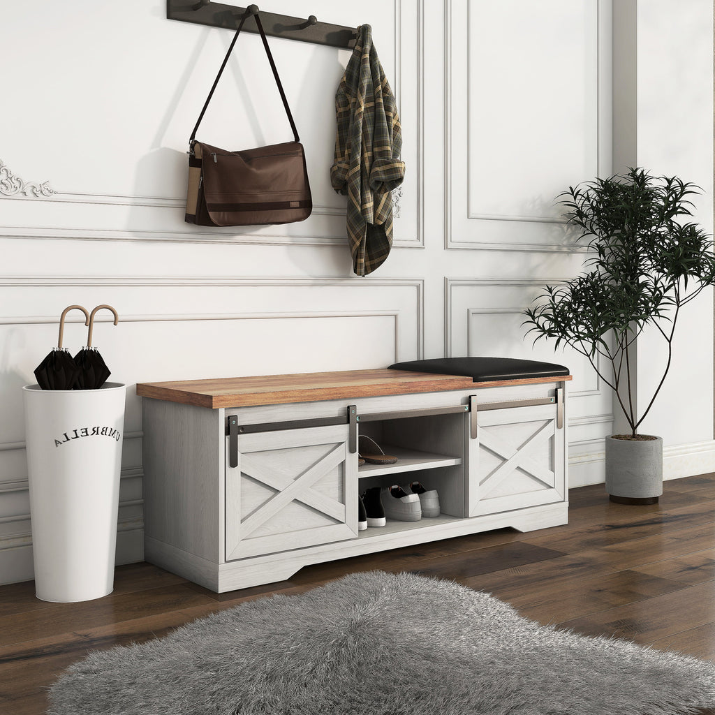 White 47-inch Shoe Storage Bench with Sliding Barn Door L9998