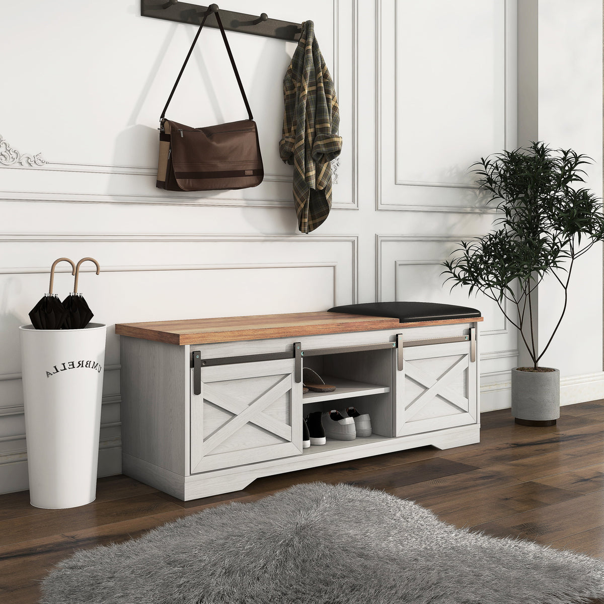 White 47-inch Shoe Storage Bench with Sliding Barn Door L9998