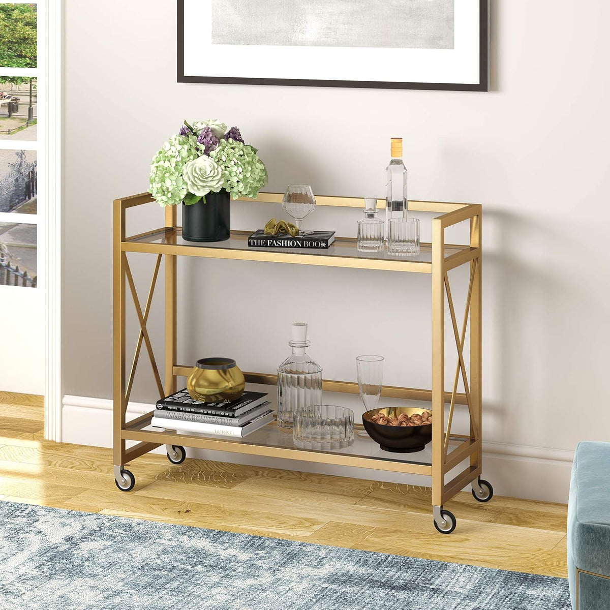 Metal Bar Cart with Glass Shelf S520434