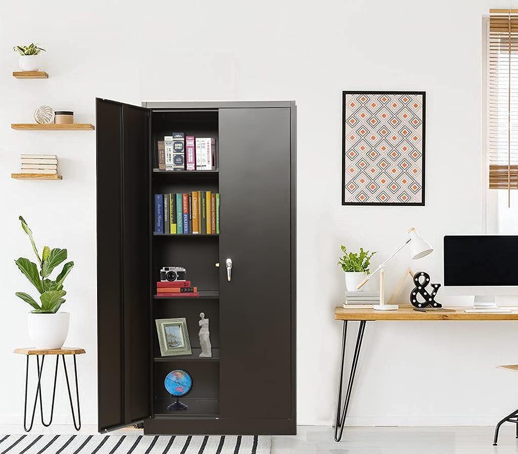 Lockable Black Steel Storage Cabinet with 2 Doors and 4 Shelves U37863