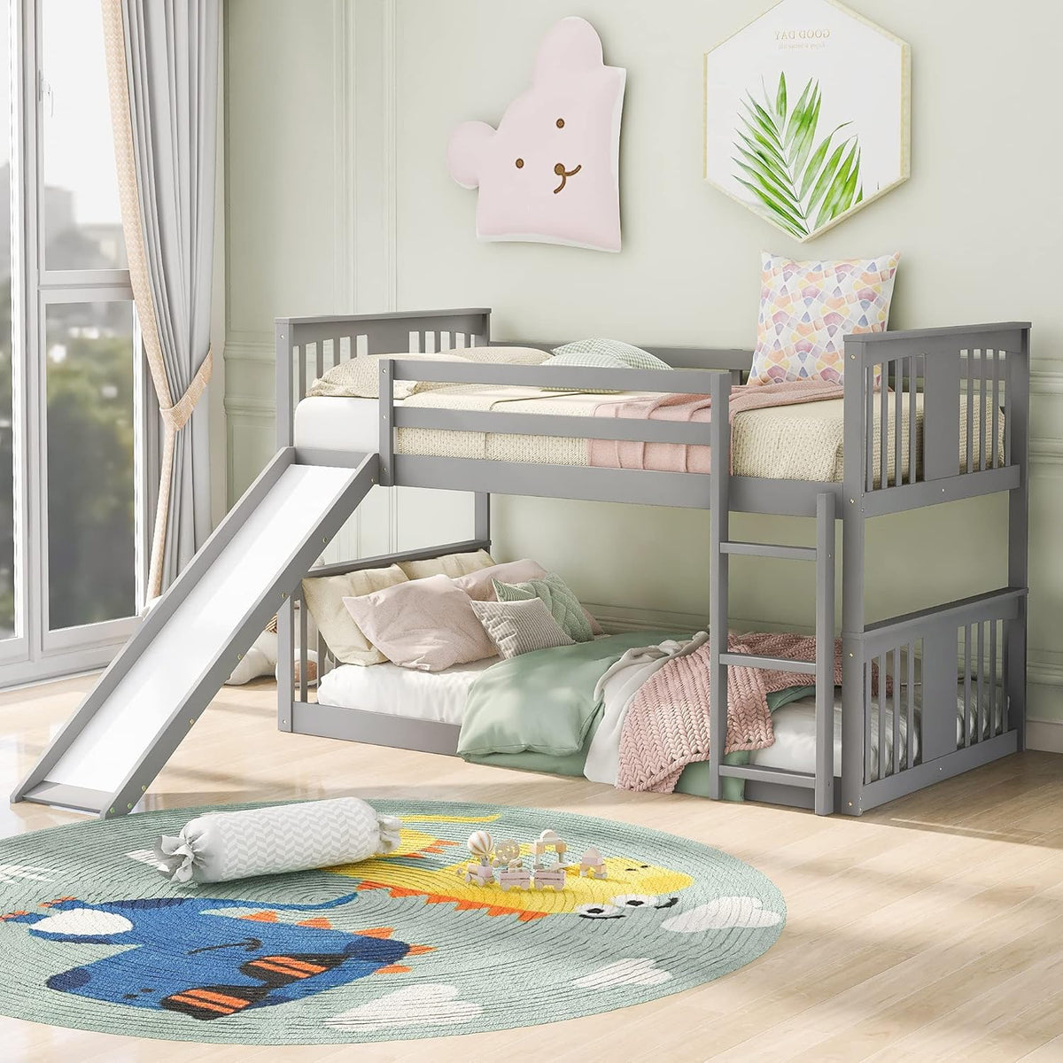 Twin Over Twin Wood Bunk Beds with Ladder Grey H38222