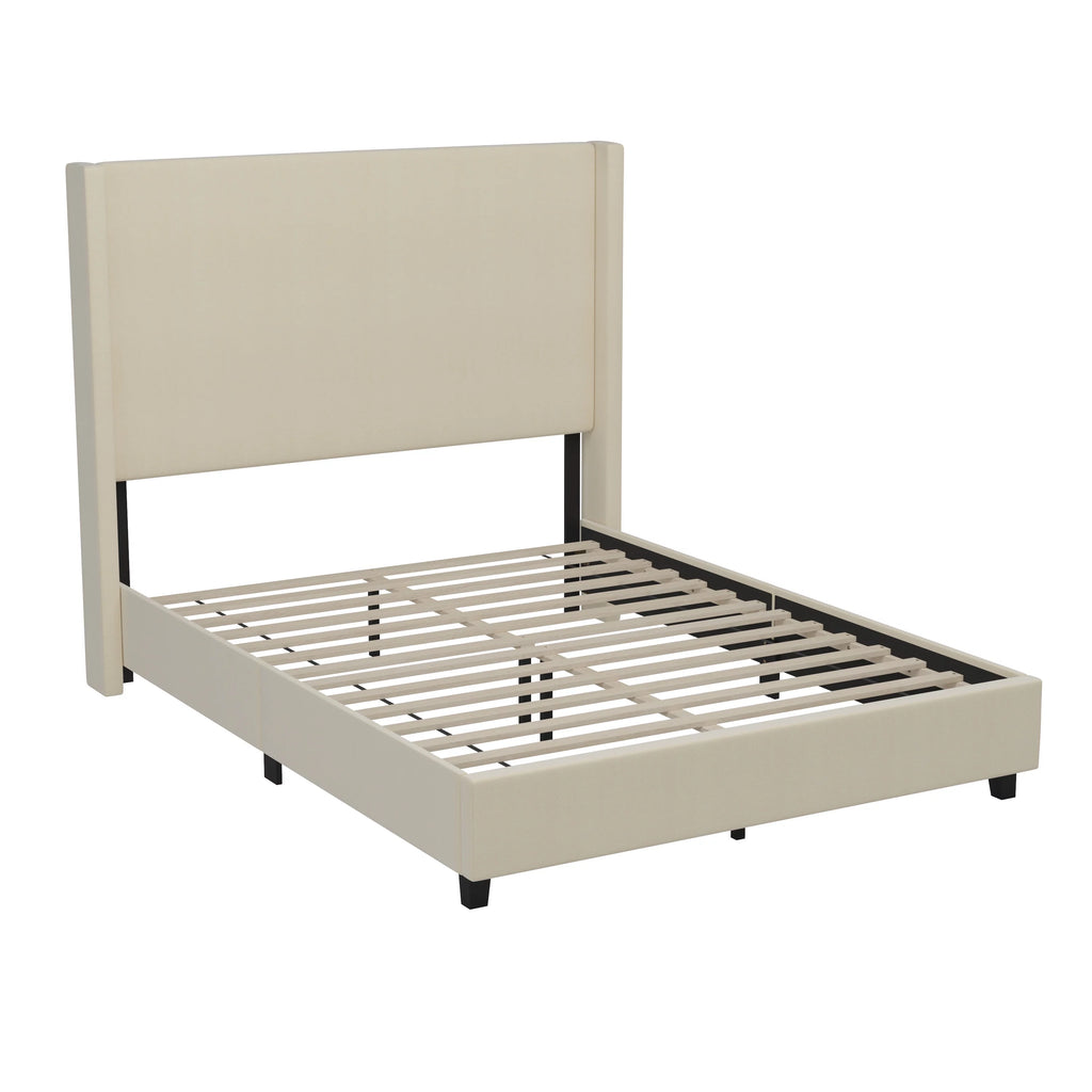 Queen Size Beige Faux Linen Upholstered Platform Bed Frame Y3270