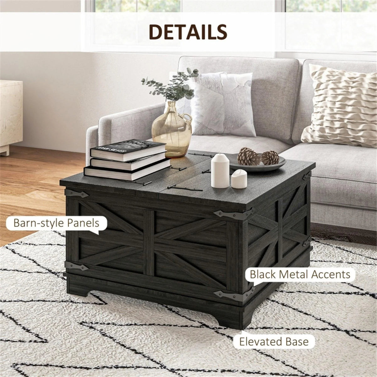 Black Square Coffee Table with Flip Top Storage S346