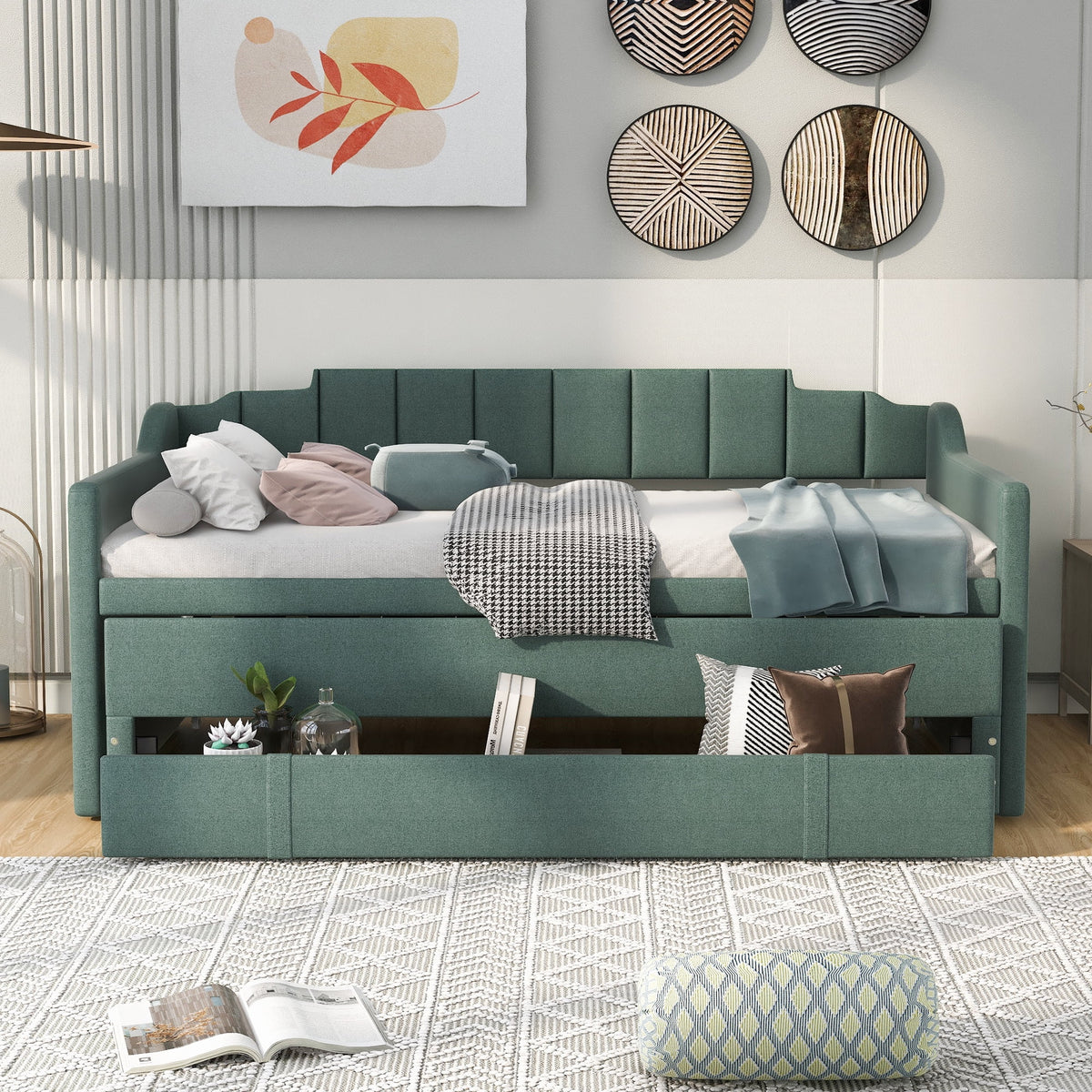 Green Twin Size Upholstered Solid Wood Daybed with Trundle and Three Drawers U106999