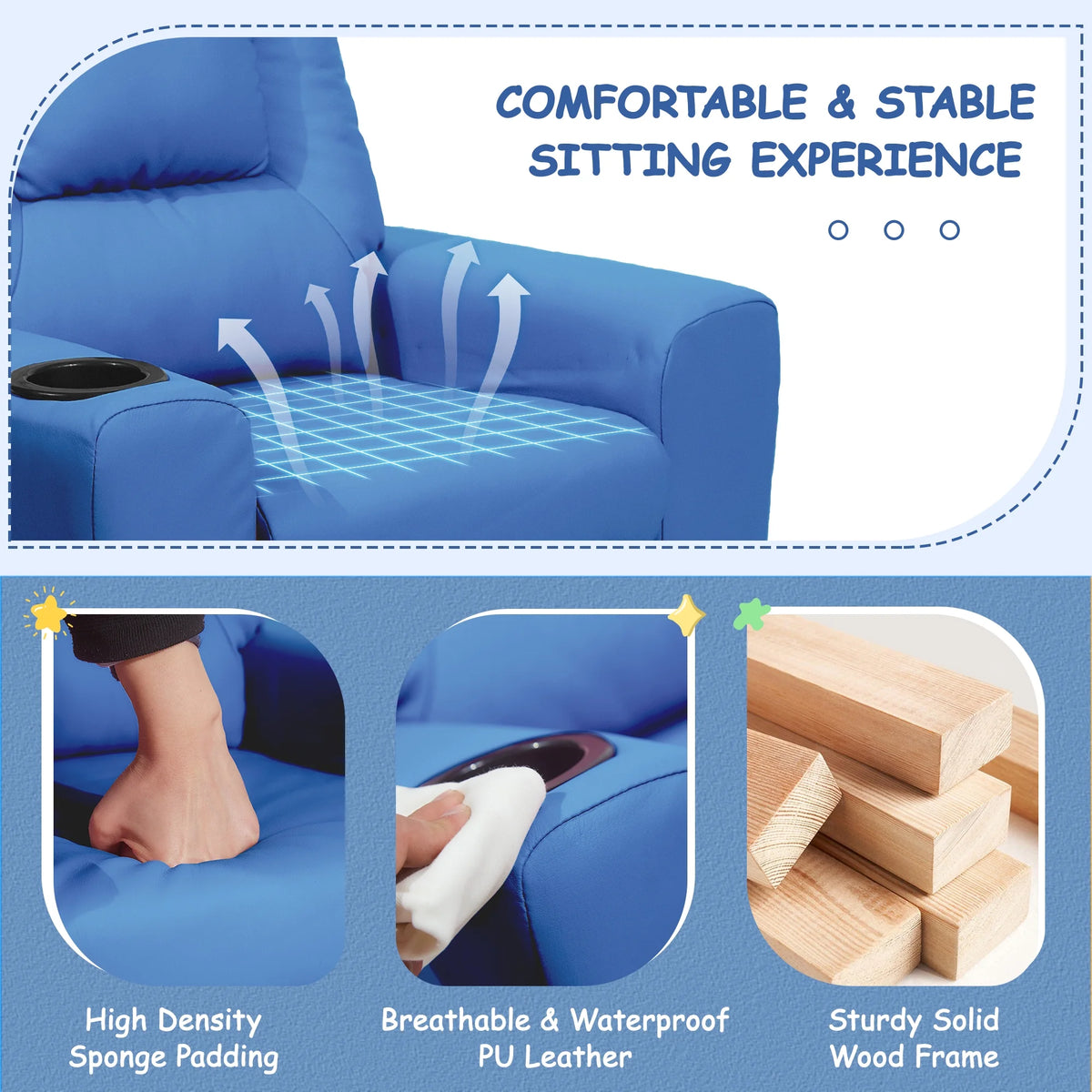 Kids Recliner Chair with Cup Holder Navy Blue N37300