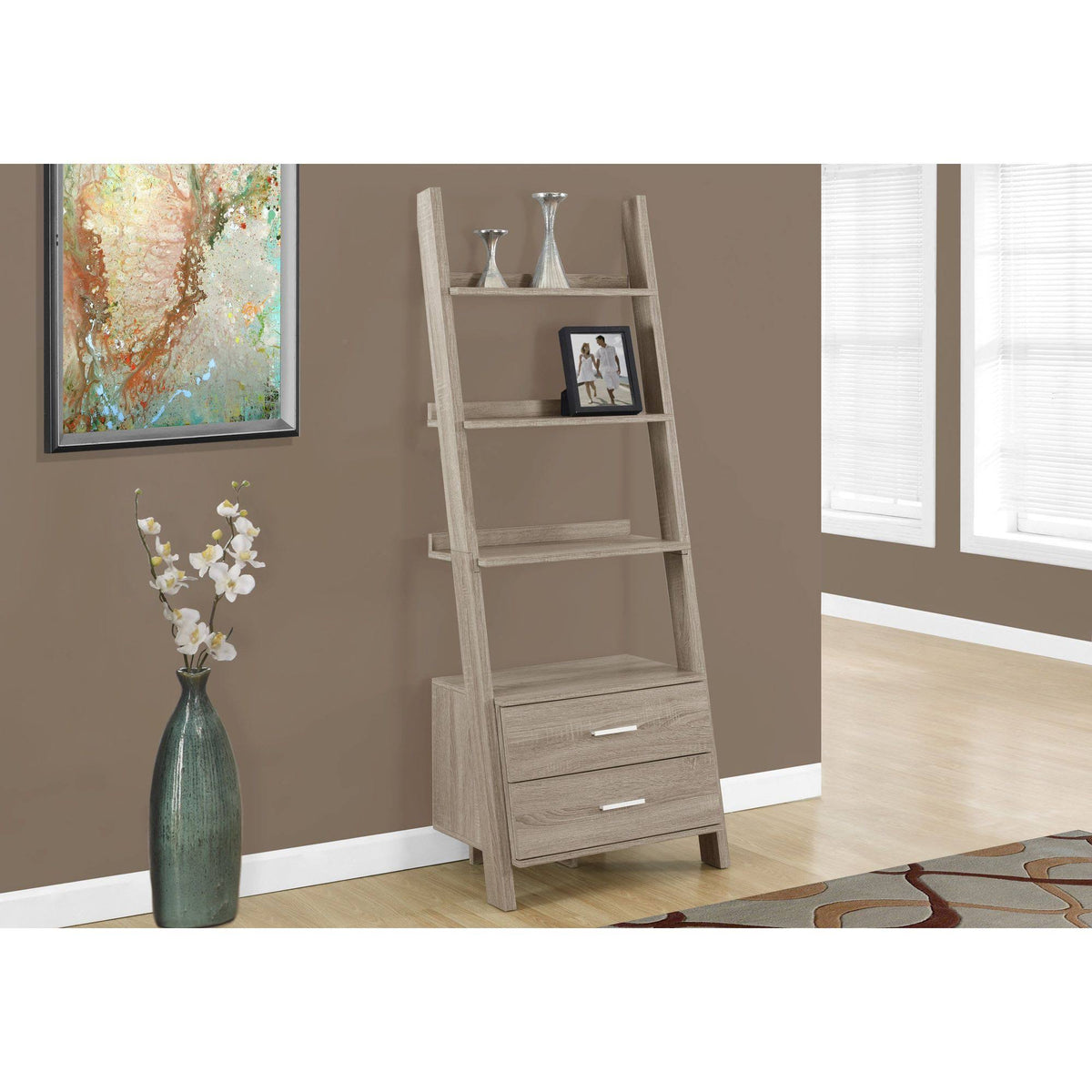 69x22 Taupe Brown Contemporary Rectangular Ladder Bookcase O947