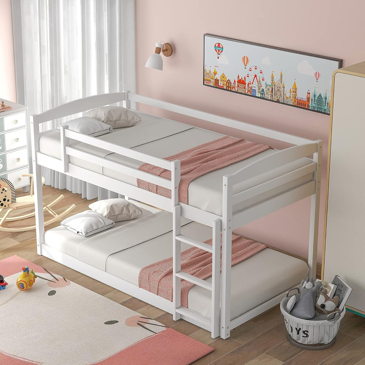 Twin Over Twin Wood Bunk Beds with Ladder Grey H38222
