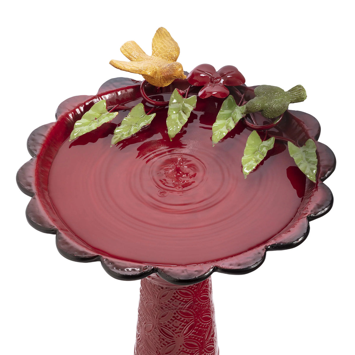 28-Inch Metal Bird Bath with Birds and Leaves, Red K93301