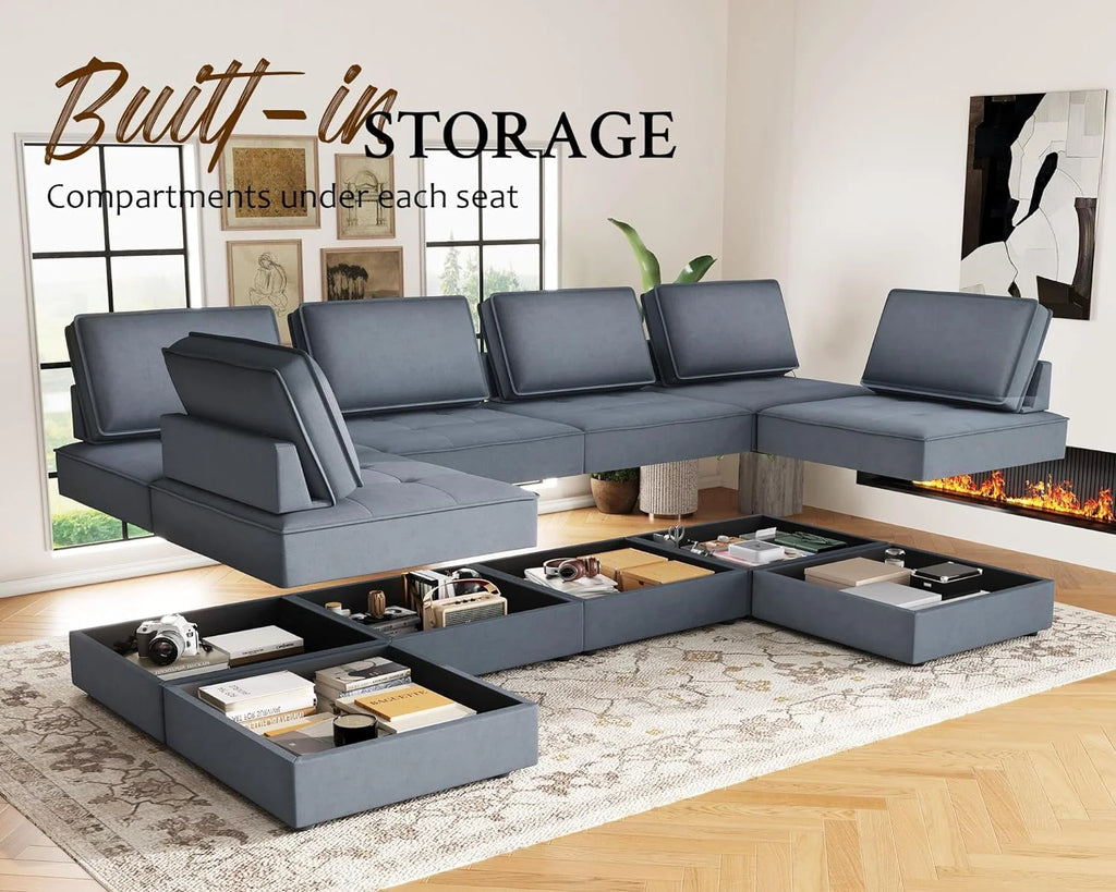 7 Seater Velvet Beige Sectional Sofa C794