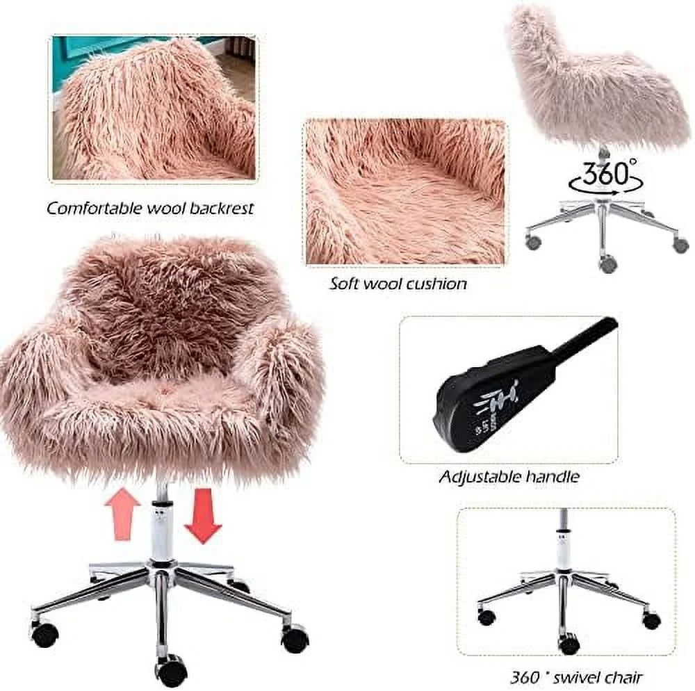 Fluffy Faux Fur Swivel Office Chair with Wheels J993439