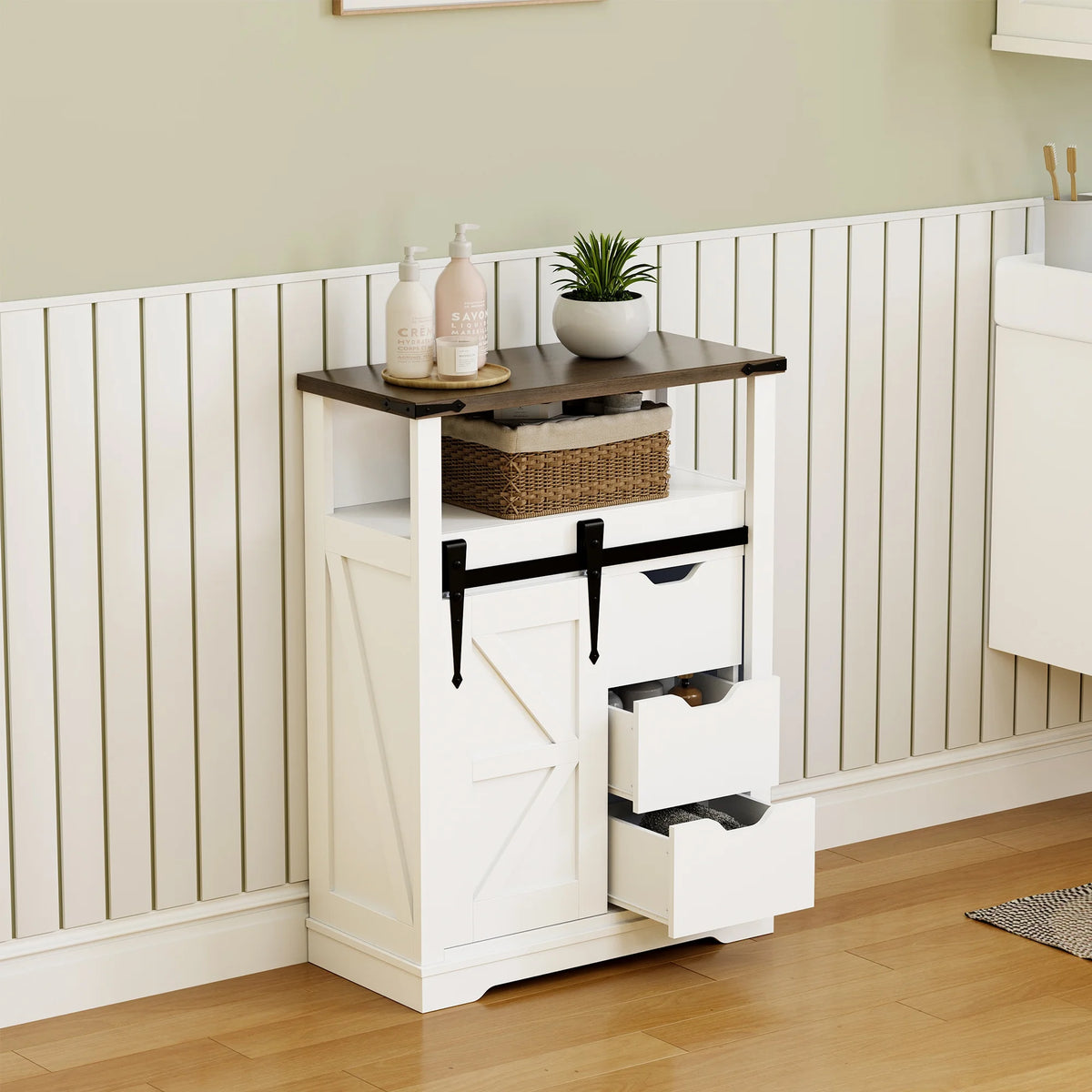 Rustic Oak Antique White Bathroom Storage Cabinet with Sliding Barn Door W848192