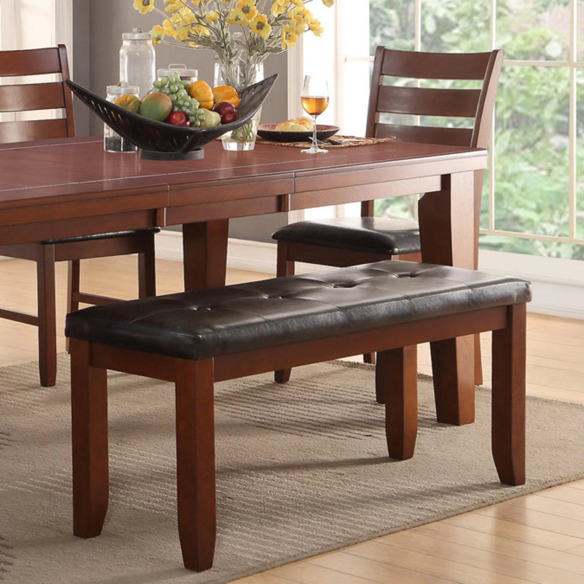 Solid Wood Tufted Black Faux Leather Dining Bench I442
